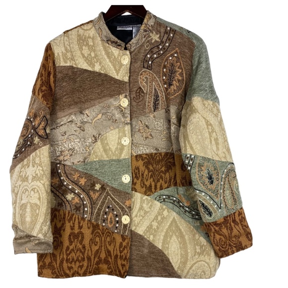 Chicos Market Sz 1 (Medium 8 10) Jacket Coat Blazer Art to Wear Tan Patchwork - Picture 1 of 5